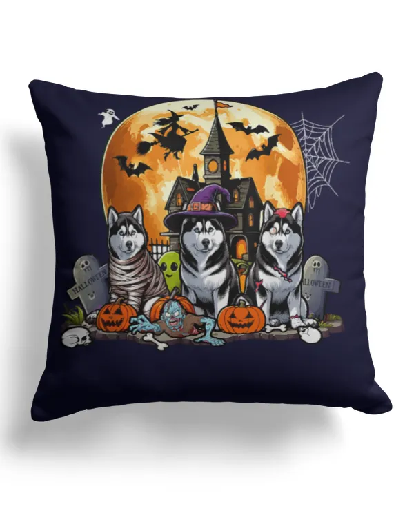 Three Halloween Huskies As Horror Witch Mummy Zombie TShirt - Cotton Drill Pillow (Dual Sided) Cotton Drill Pillow (Dual Sided)