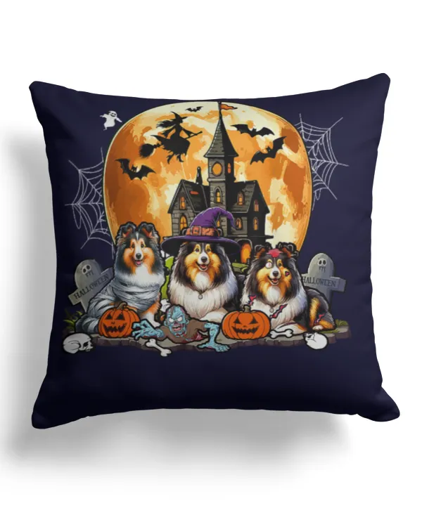 Three Halloween Shetland Sheepdogs As Witch Mummy Zombie TShirt - Cotton Drill Pillow (Dual Sided) Cotton Drill Pillow (Dual Sided)