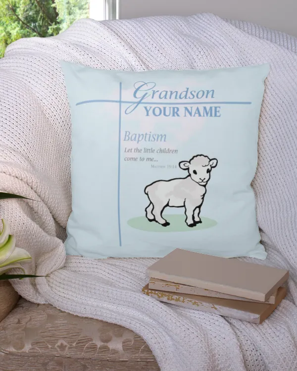 Grandson Baptism Blue Boy Lamb Personalized Throw Pillow, Gifts For Grandson, Gifts Idea For Grandson