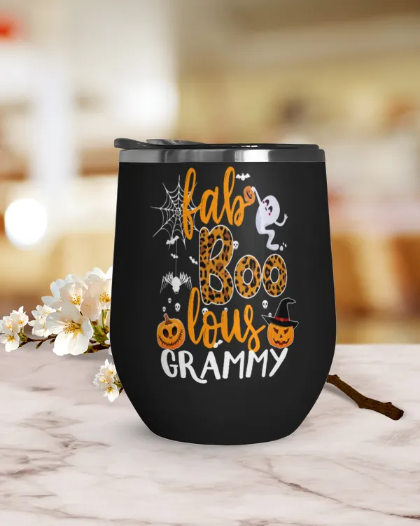 Fab Boo Lous Grammy Wine Tumbler (12 oz), baby ghost playing with pumpkins Spider silk