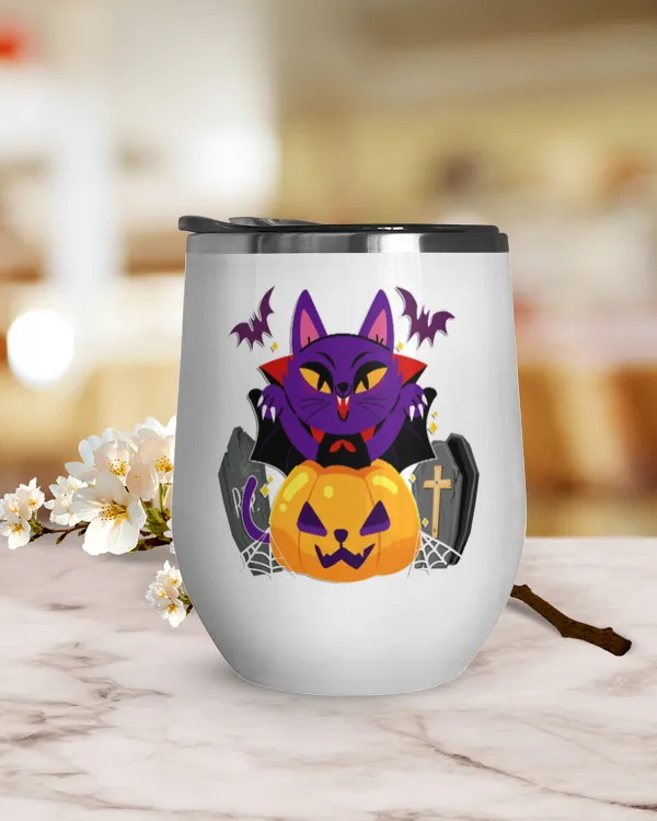 Black Cat Pumpkin Wine Tumbler (12 oz), tombstone coffin demon bat