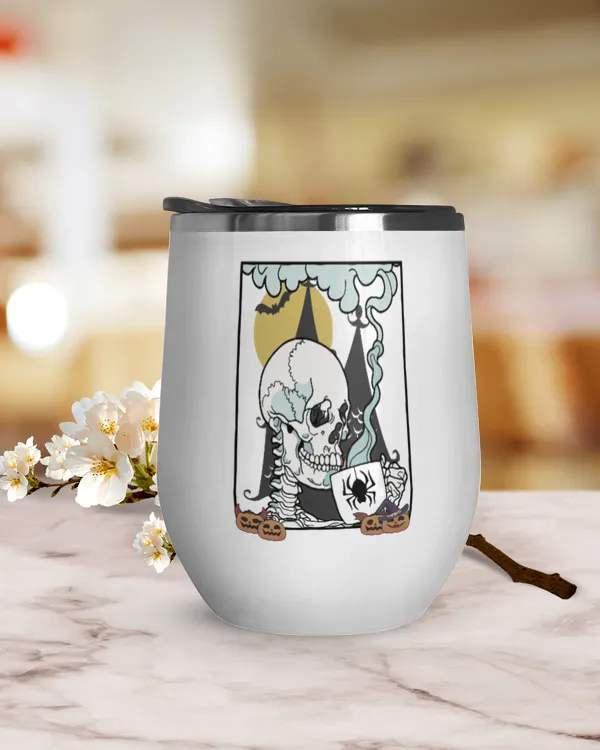 Halloween Skeleton Wine Tumbler (12 oz), skull skull pumpkin Black bat wings on the night of the blood moon