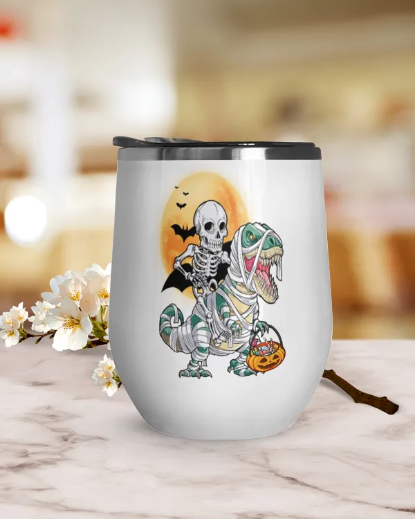 Dinosaur Halloween Tumbler, pumpkin gift basket demon bats blood Moon Skeleton