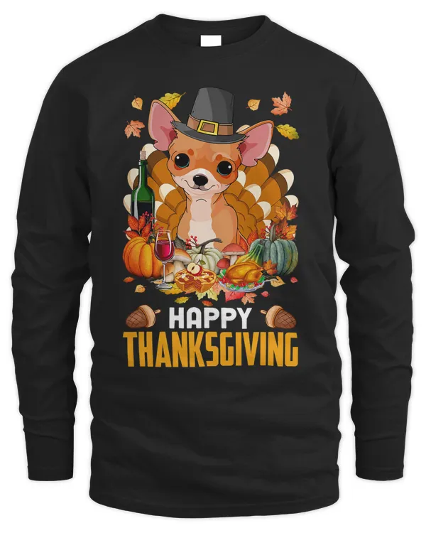 Funny Pilgrim Chihuahua Dog Turkey Happy Thanksgiving Day T-Shirt