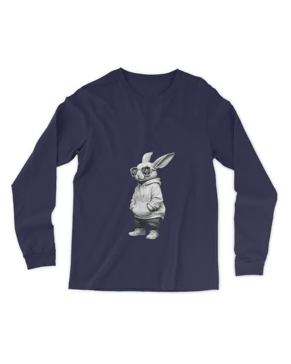 Womens Bunny Face With Sunglasses Easter Day for Boys Men Kids V-Neck - Men's Long Sleeved T-Shirt Men's Long Sleeved T-Shirt
