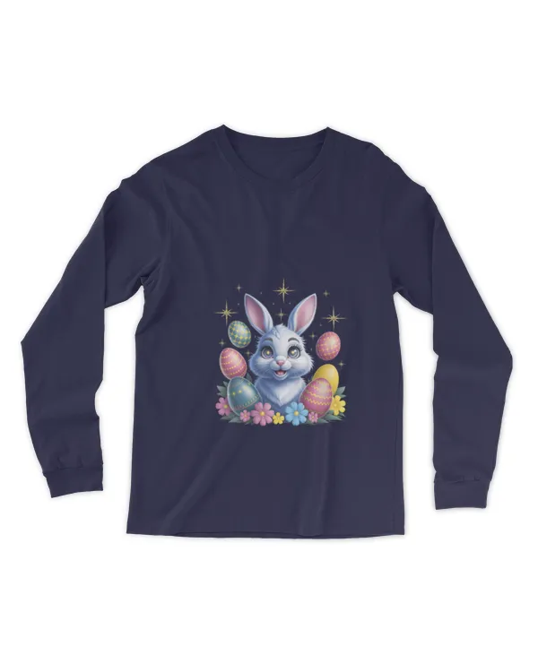 Womens Cute Bunny Rabbit Face Tie Dye Glasses Girl Happy Easter Day V-Neck - Men's Long Sleeved T-Shirt Men's Long Sleeved T-Shirt