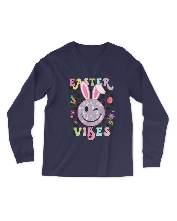 Retro Groovy Easter Vibes Bunny Checkered Smile Womens Girls - Men's Long Sleeved T-Shirt Men's Long Sleeved T-Shirt