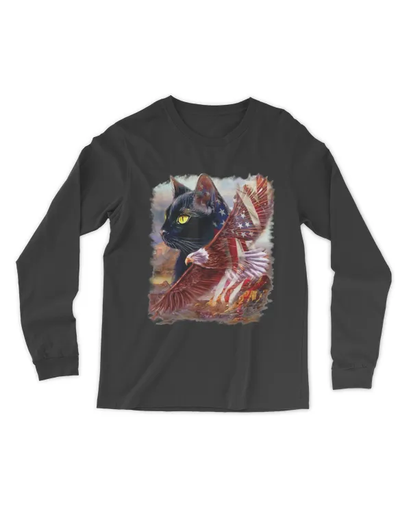 Black Cat Kitten American Flag Eagle 4th July Independence T-Shirt