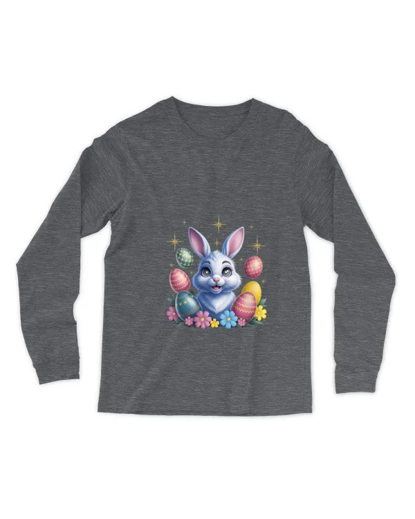 Womens Cute Bunny Rabbit Face Tie Dye Glasses Girl Happy Easter Day V-Neck - Men's Long Sleeved T-Shirt Men's Long Sleeved T-Shirt