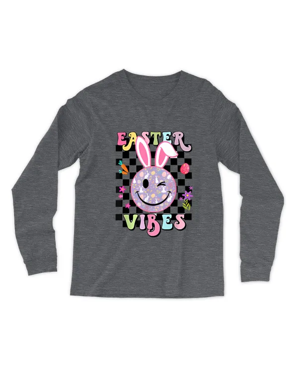 Retro Groovy Easter Vibes Bunny Checkered Smile Womens Girls - Men's Long Sleeved T-Shirt Men's Long Sleeved T-Shirt