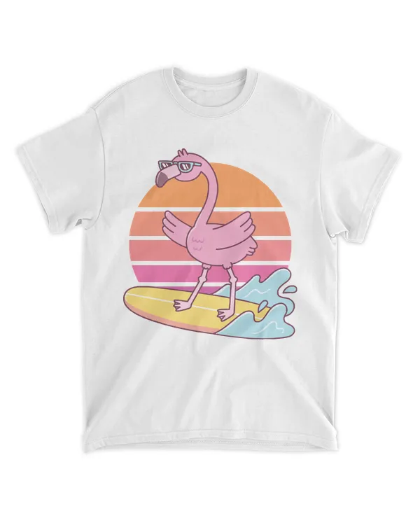Funny Flamingo T- Shirt Funny Flamingo Surfing On Surfboard Sunset T- Shirt