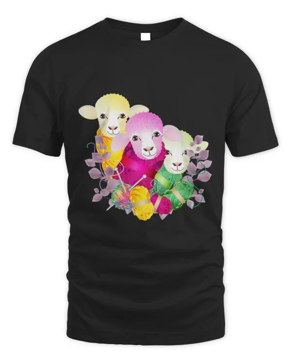 Three colourful sheep with wool and knitting needles