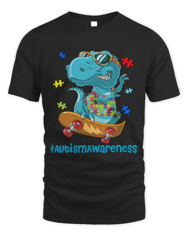 Kids Dinosaur Skateboarding Autism Awareness Puzzle Piece