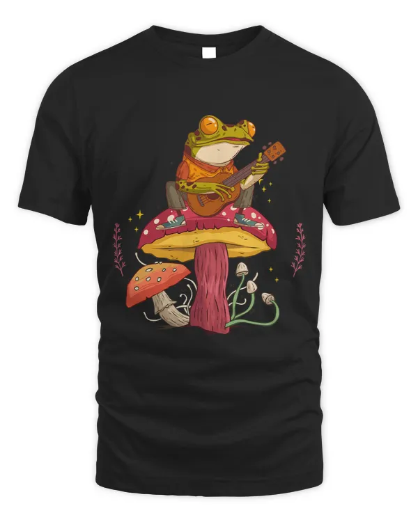 Froggy Frog Cottagecore Aesthetic Frog Playing Guitar on Mushroom Cute 8 Frogs