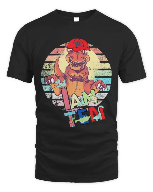 Kids Tenth Birthday Gamer Saurus Rex Wearing Baseball Cap Funny