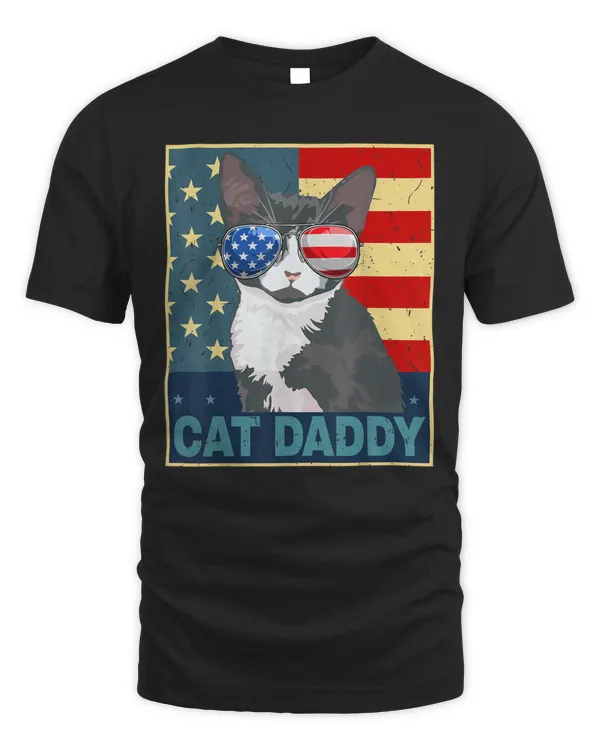 Tuxedo Cat Daddy Dad Father Day American Flag 4th July T-Shirt