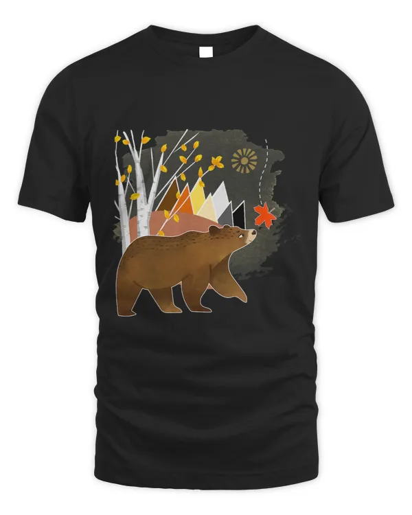 Fall Autumn Cute Bear In Nature Mountains Birch Trees Leaves