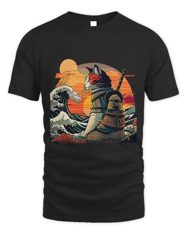 Japanese Retro Samurai Cat The Great Wave By Hokusai