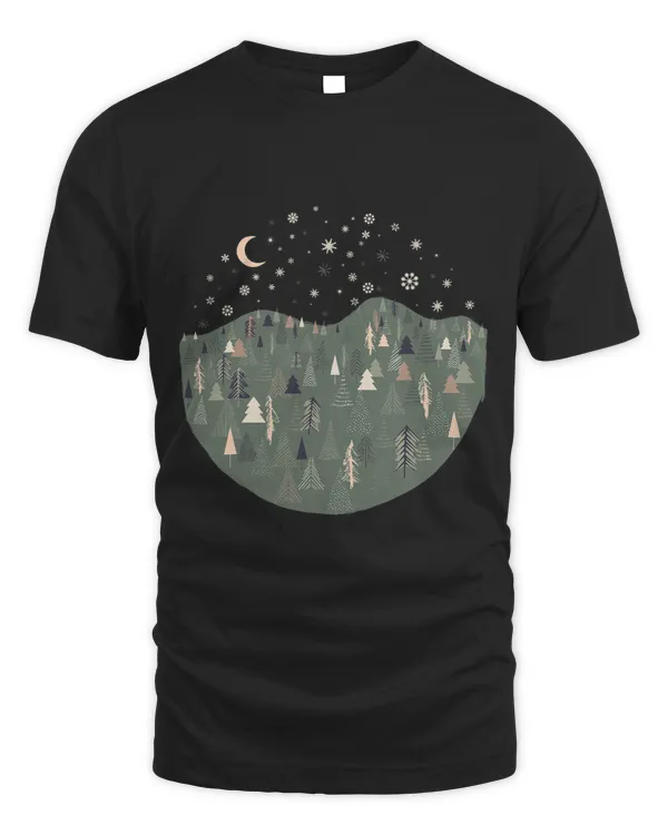 Forest Trees Autumn Winter Night Snowing Star Moon Christmas