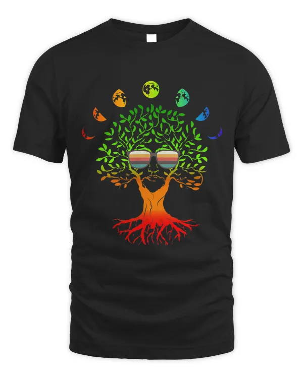 funny tree of life with retro sunglass and moon phases yoga