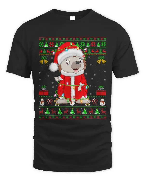 Funny Xmas Light Ugly Sweater Style Santa Hedgehog Christmas