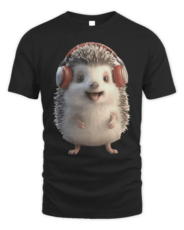Funny Hedgehog With Headphones Cute Animal Lover Graphic 1