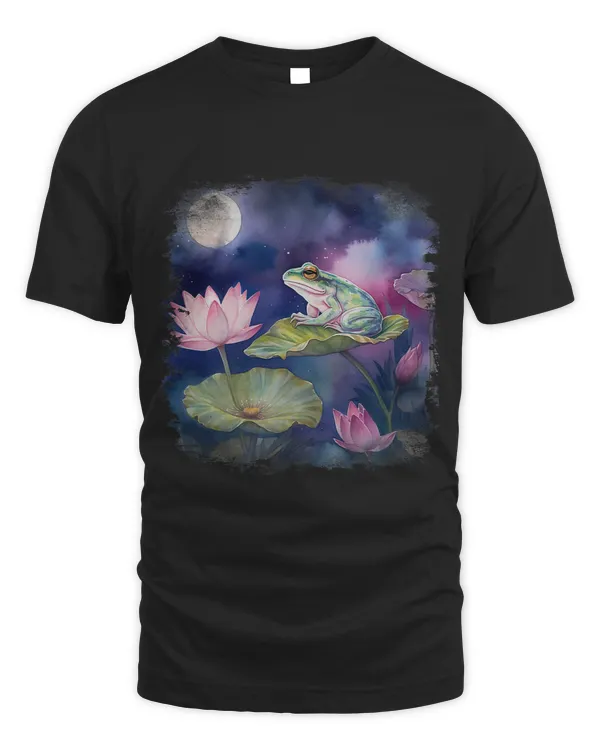 Frog sitting on lily pad flower lotus moon night