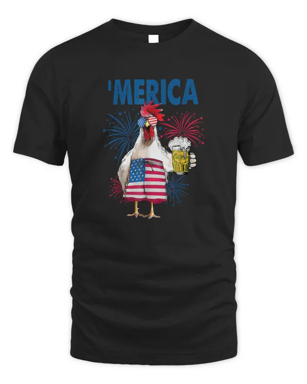 Merica Funny Chicken with beer USA Flag 4th of July