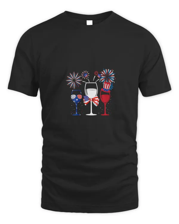 Womens 4th of july red white blue wine glasses fireworks usa flag V-Neck