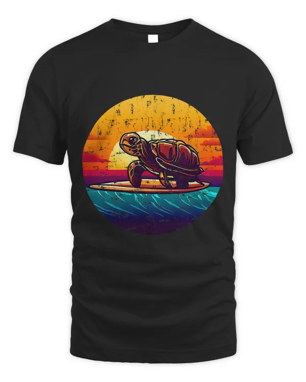 Cute turtle on a surfboard Sunset Design Grunge