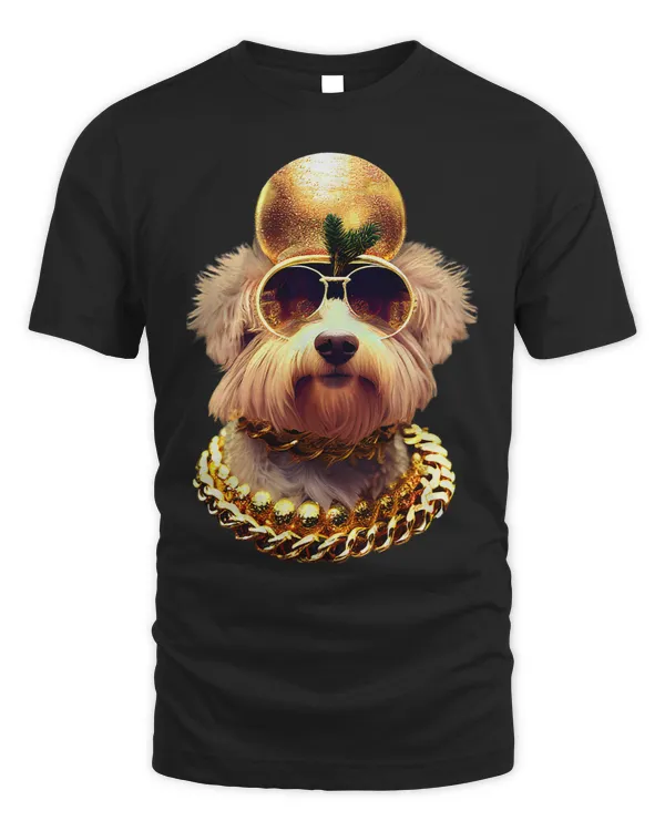 Dog Goldendoodle wearing gold ornate Christmas tree hat T-Shirt