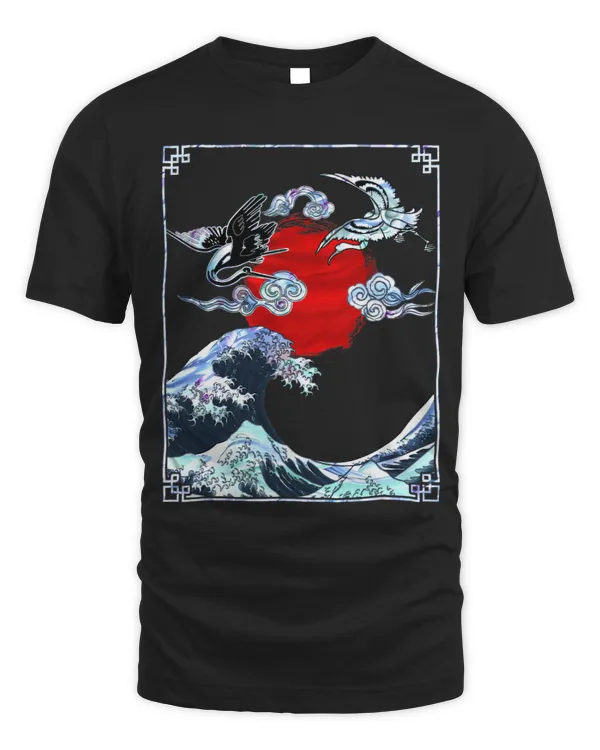 Asian Japanese Artwork Style Cranes With Sun and Wave Gift
