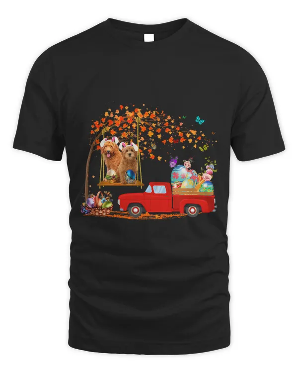 Dog Goldendoodle Wearing Bunny Ear Red Truck With Eggs