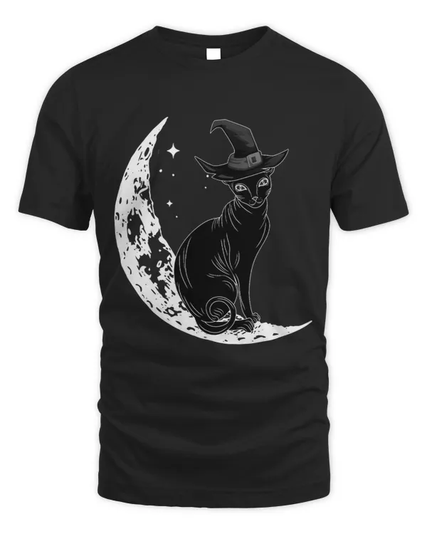 Funny Black Cat With Witch Hat Moon Halloween Costume Day