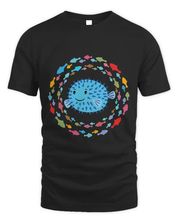 Small friendly puffer fish in colourful fish circle