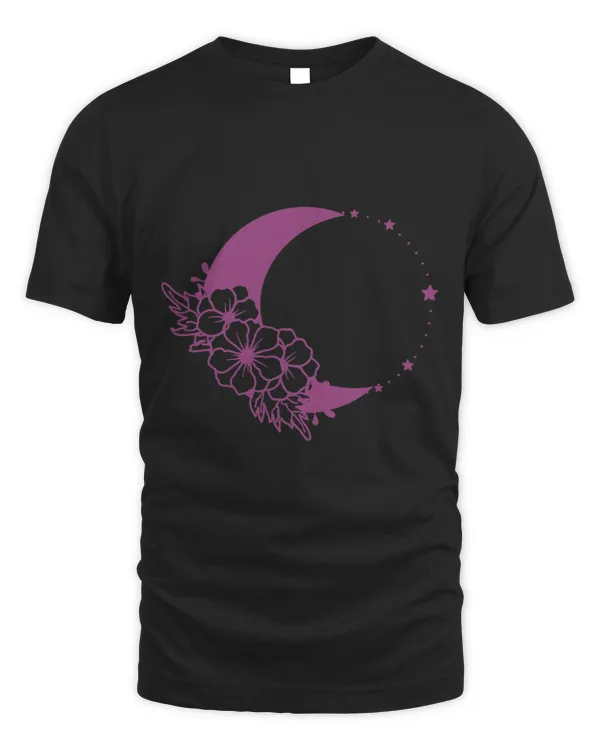 Quarter Moon and Flowers Outline Celestial Stars Design