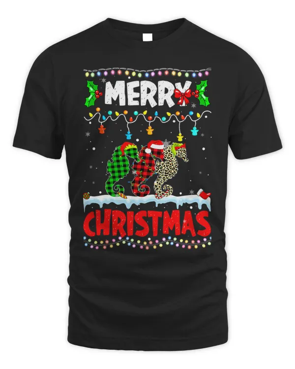 Merry Christmas Funny Buffalo Plaid Seahorse Animals Xmas