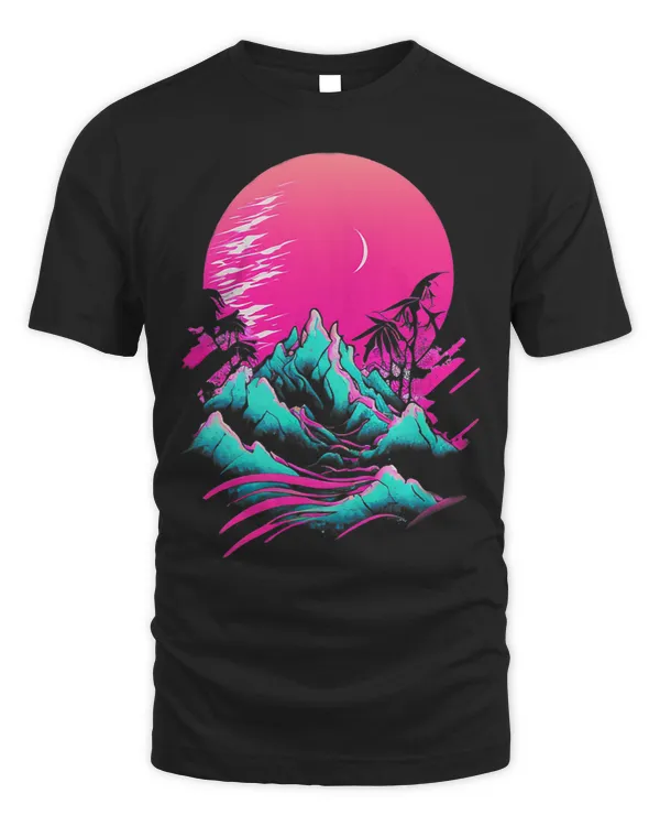 Vaporwave Abstract Landscape Moon Tree Waterfall Blue Purple 1