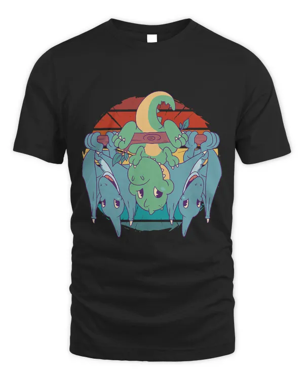 Vintage funny trex hanging from a branch with flying dinos
