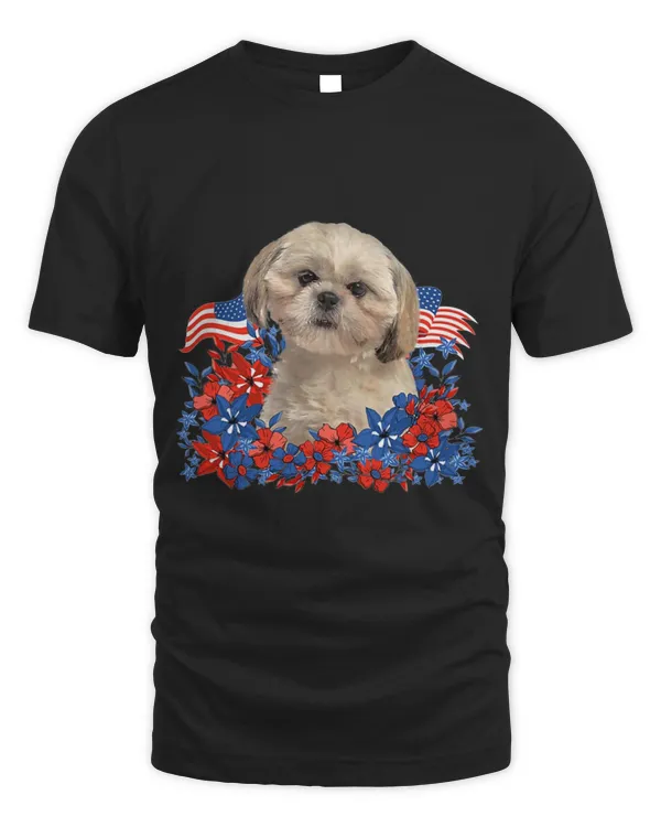 Shih Tzu Independent Flowers Dog American Flag