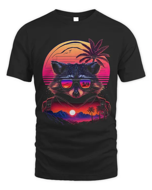 Raccoons With Sunglasses And Retro Sunset 80 Style