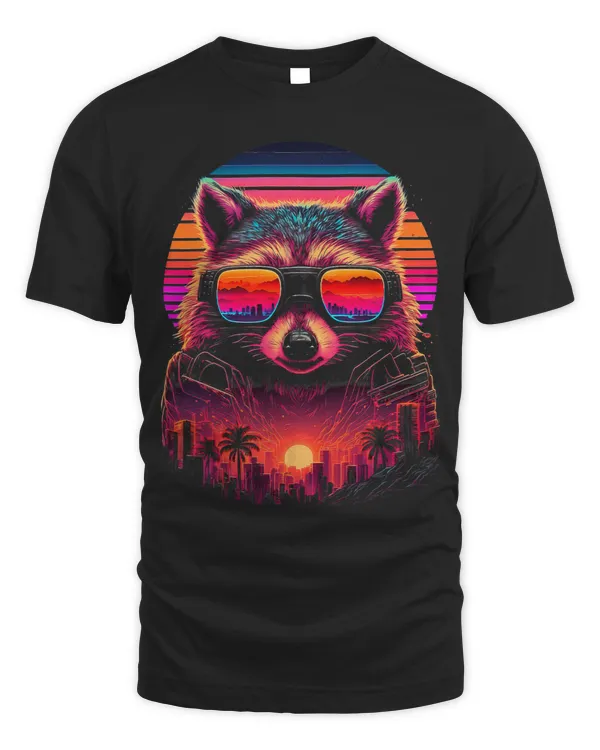 Raccoons With Sunglasses Retro Sunset 80 Style