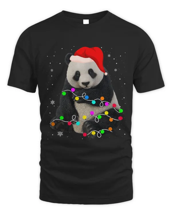 Pandas Christmas Lights Funny Xmas Santa Hat Animals Lover