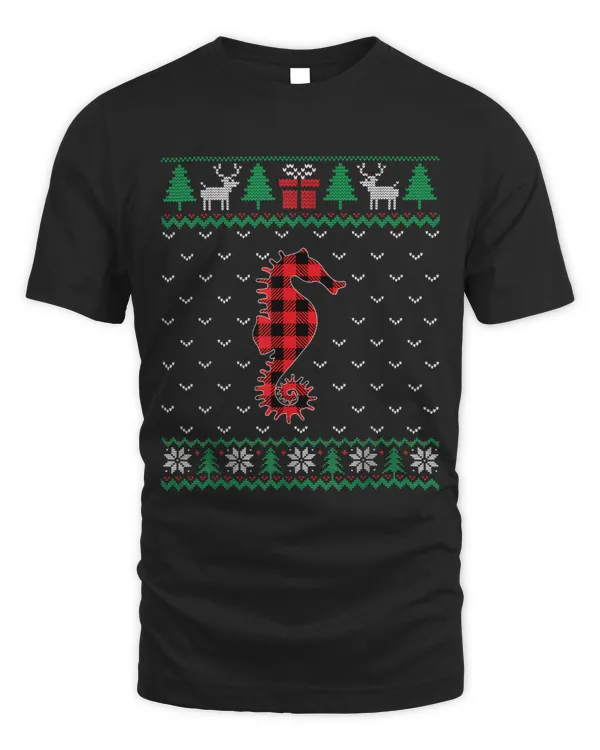 Seahorse Lover Red Plaid Ugly Christmas Sweater Matching Pajamas