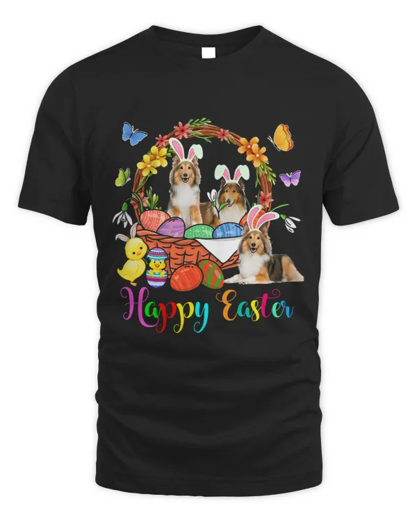 Dog Shetland Three Bunny Shetland Sheepdog Dogs In Easter Eggs Basket