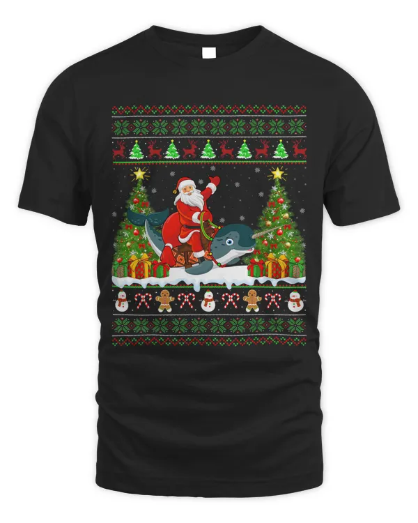 Narwhal Lover Fish Lover Funny Ugly Santa Riding Narwhal Christmas