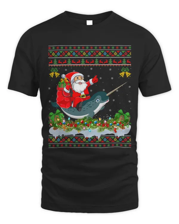 Narwhal Lover Fish Xmas Pajama Ugly Santa Riding Narwhal Christmas
