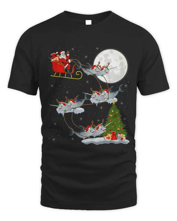 Narwhal Lover Funny Xmas Lighting Tree Santa Riding Narwhal Christmas