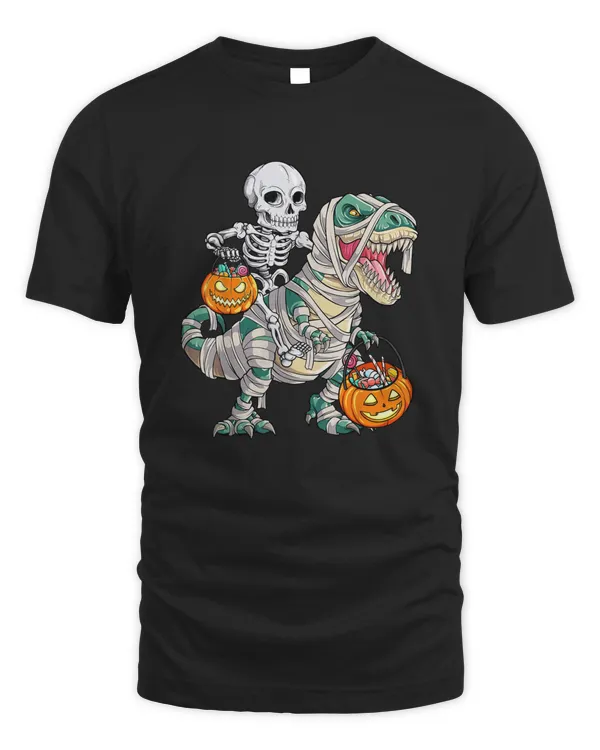 Skeleton Riding Mummy Dinosaur Halloween Funny Pumpkin Shirt