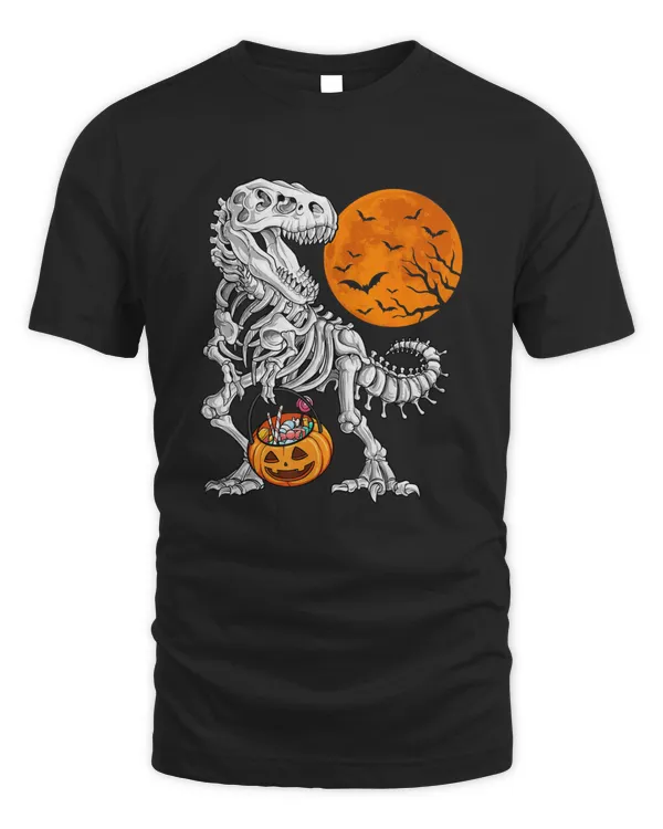 Halloween Boys Dinosaur Skeleton Scary Pumpkin Moon T-Shirt